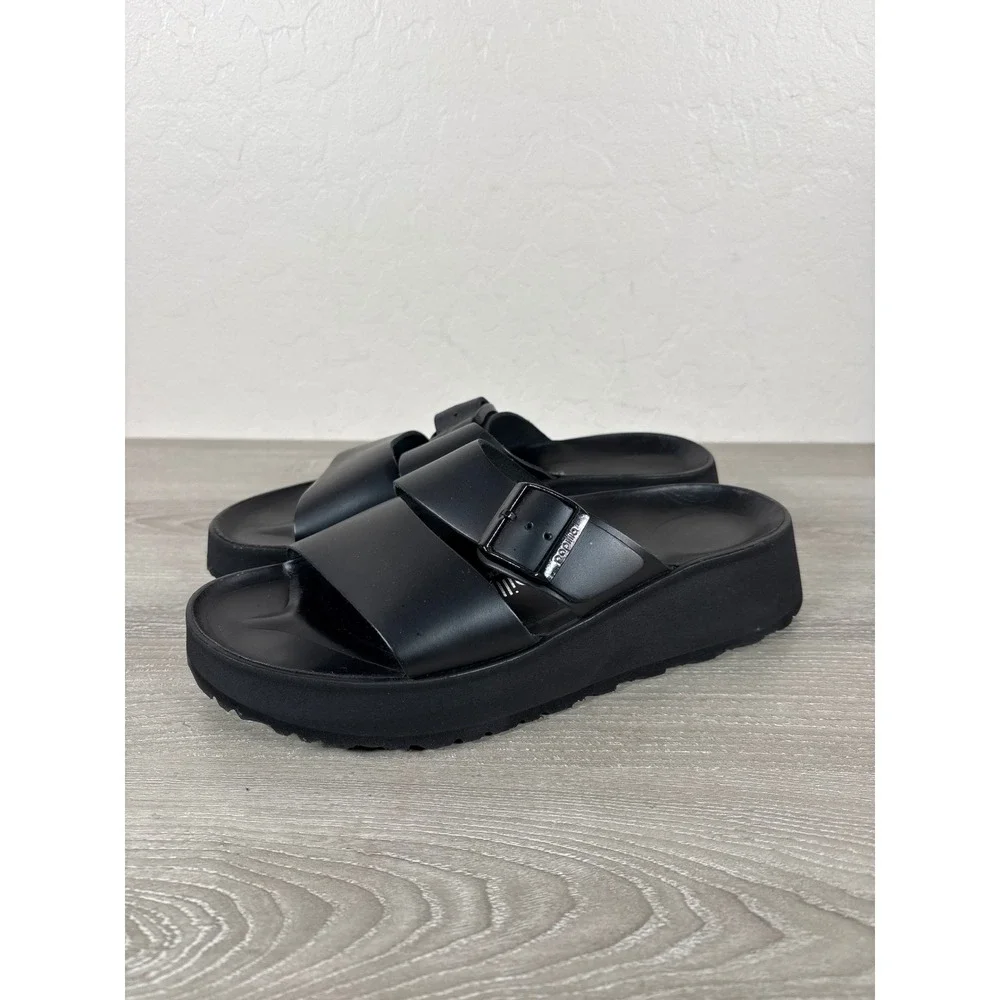 Papillio by Birkenstock Almina Exquisite Black Leather Platform Slide Sandals 40